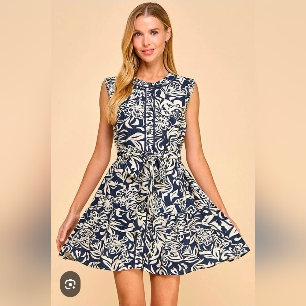 TCEC Blue and White Floral Belted Mini Dress